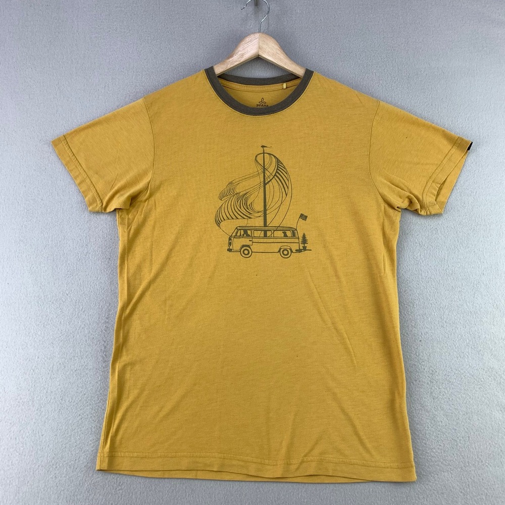 prAna T-Shirt Womens Small Yellow Ringer Retro Graphic Tee Organic Blend